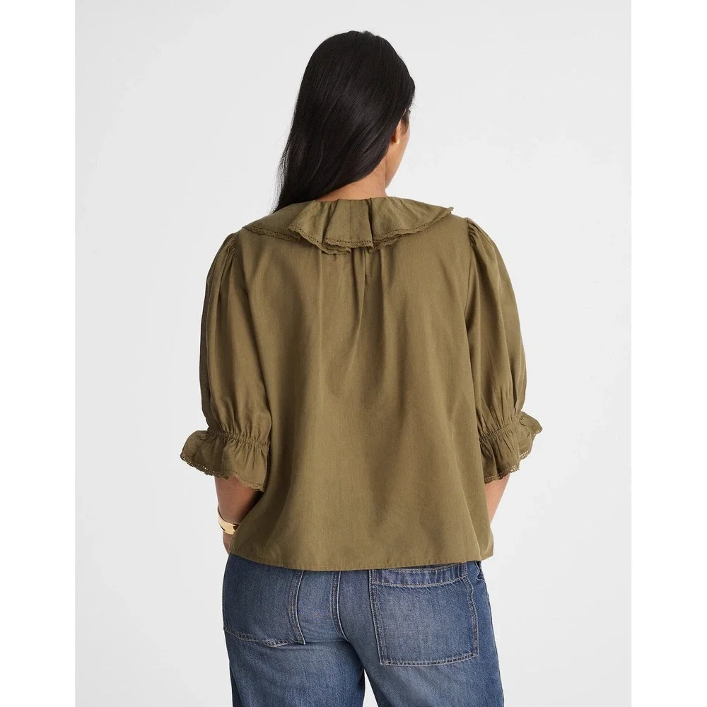 NWT Madewell Pintucked Ruffled Puff Sleeve Top Blouse Green Faded Ivy Small